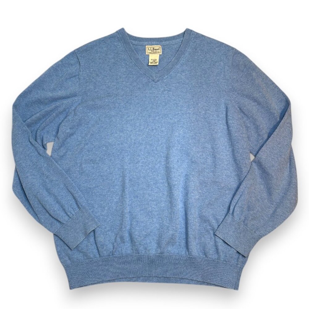 LL Bean Sweater Large Light Blue Long Sleeve Cotton Cashmere V Neck Pullover